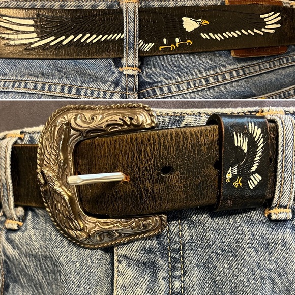 🦅🇺🇸Sz 46 Detachable Eagle Belt & Buckle Vintage Silver-Toned Embossed Leather - Picture 3 of 17